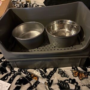 Gray Pet Feeding Station with Stainless Steel Bowls